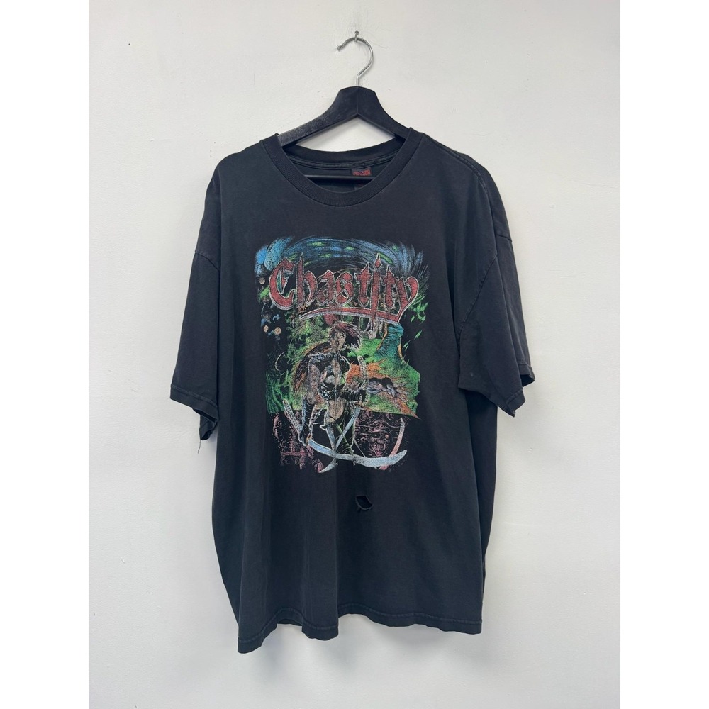 Vintage‎ Chastity Shirt XL Black Fashion Victim Chaos Comic Graphic 90s Faded